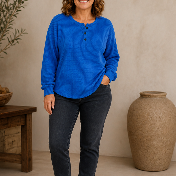 Wearla – Ribbed Waffle Knit Henley Top