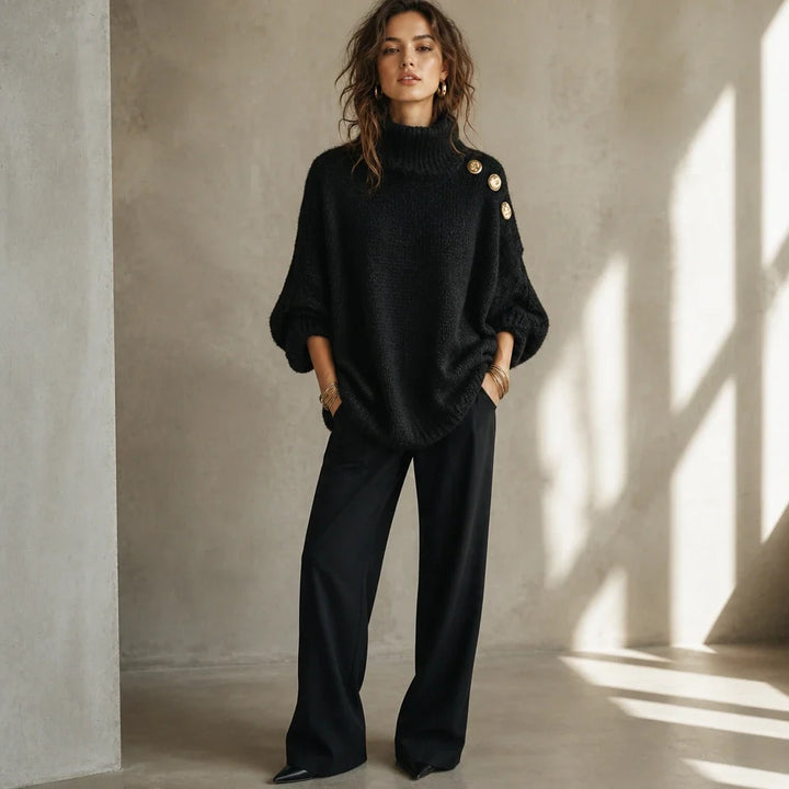 Aurelle – Gold Button Shoulder Knit Turtleneck Sweater