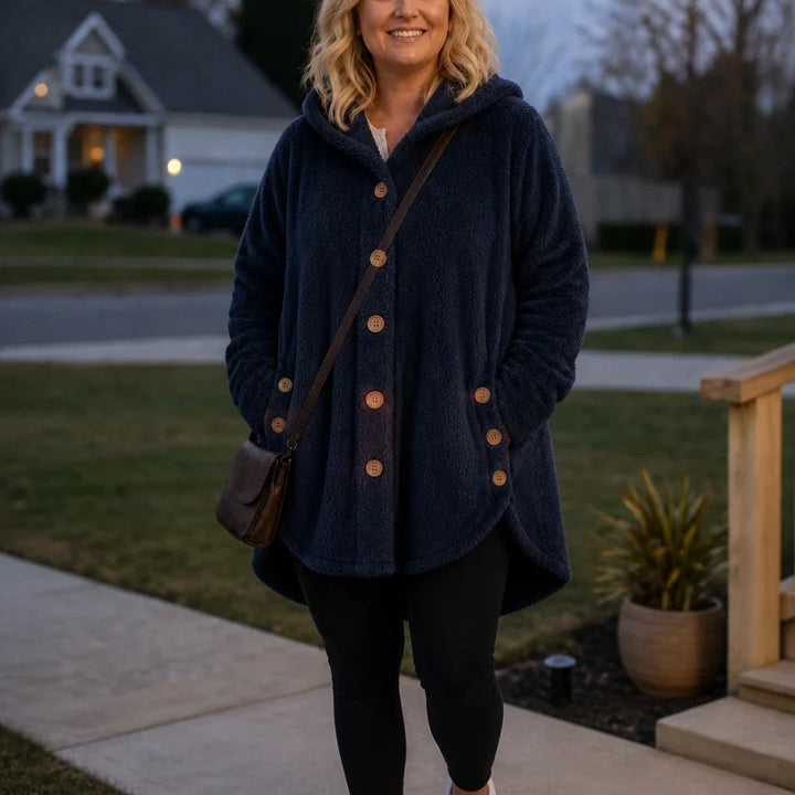 Cozy Button – Asymmetrical Hem Hooded Fleece Coat