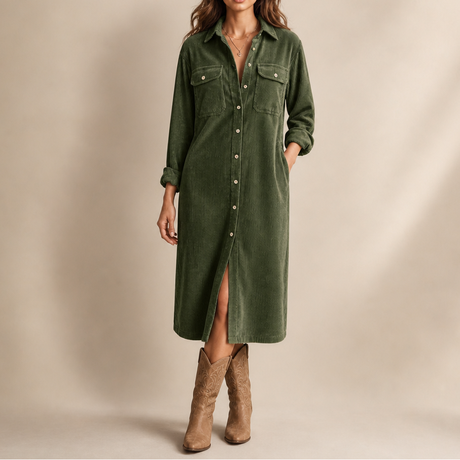 Corvella – Ribbed Corduroy Button-Front Shirt Dress