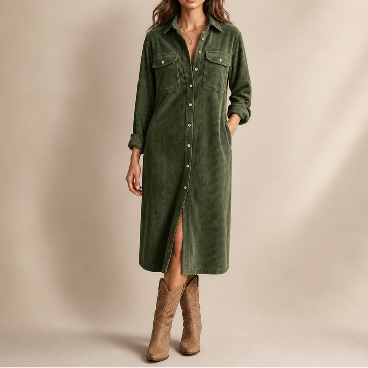 Corvella – Ribbed Corduroy Button-Front Shirt Dress