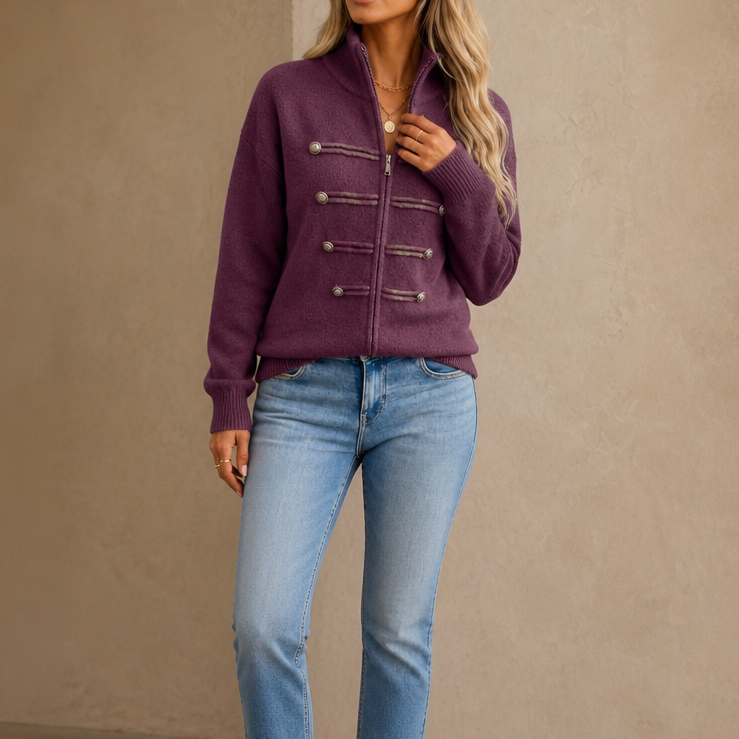 Mayfield – Gold Button Military-Style Knit Cardigan