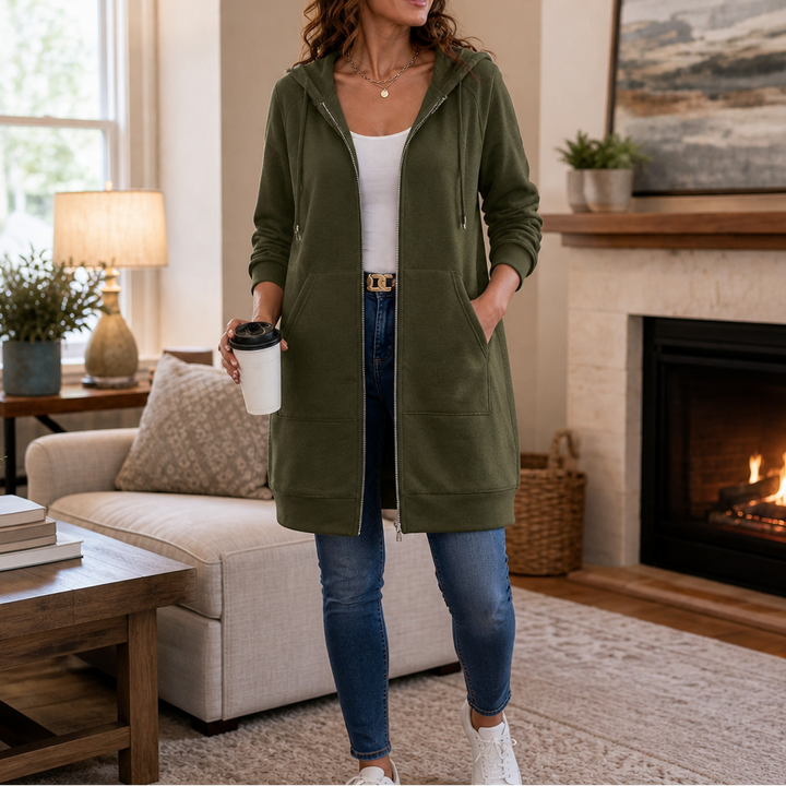 Wrapdrey – Mid-Length Zip-Up Hooded Cardigan
