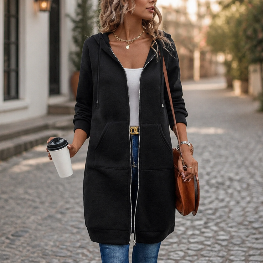 Easebella – Mid-Length Zip-Up Hooded Knit Cardigan