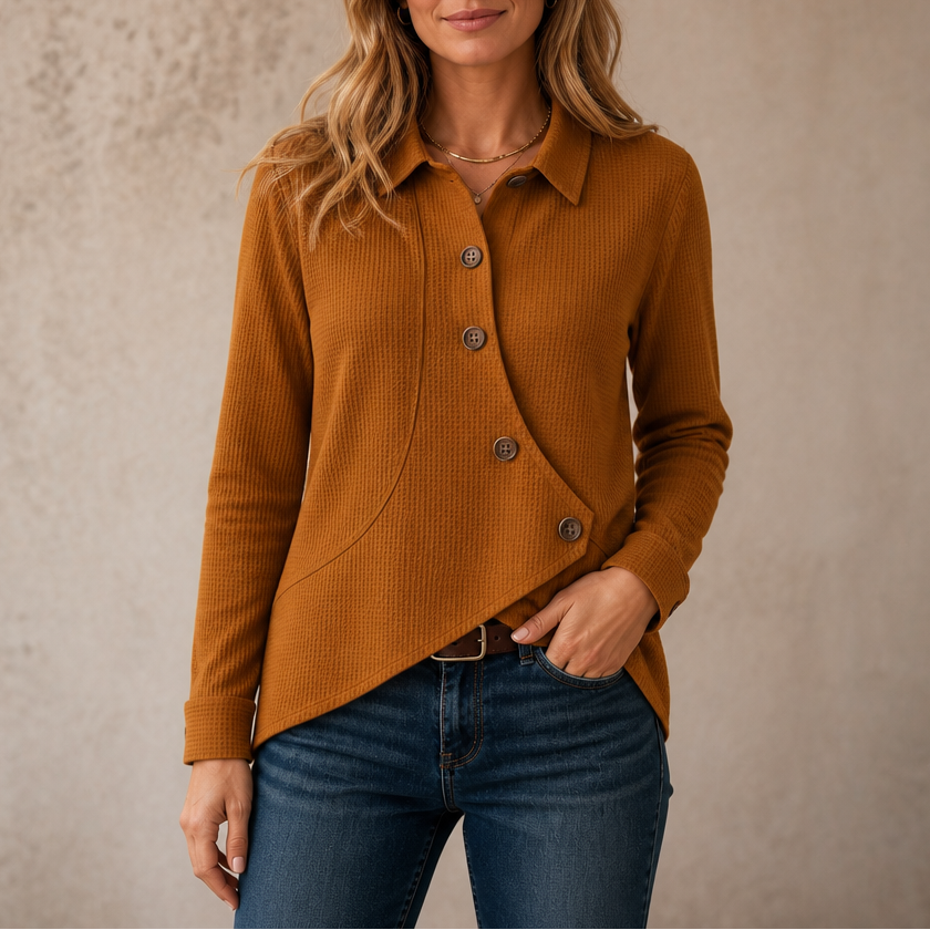 Draperau – Waffle-Knit Asymmetric Placket Top