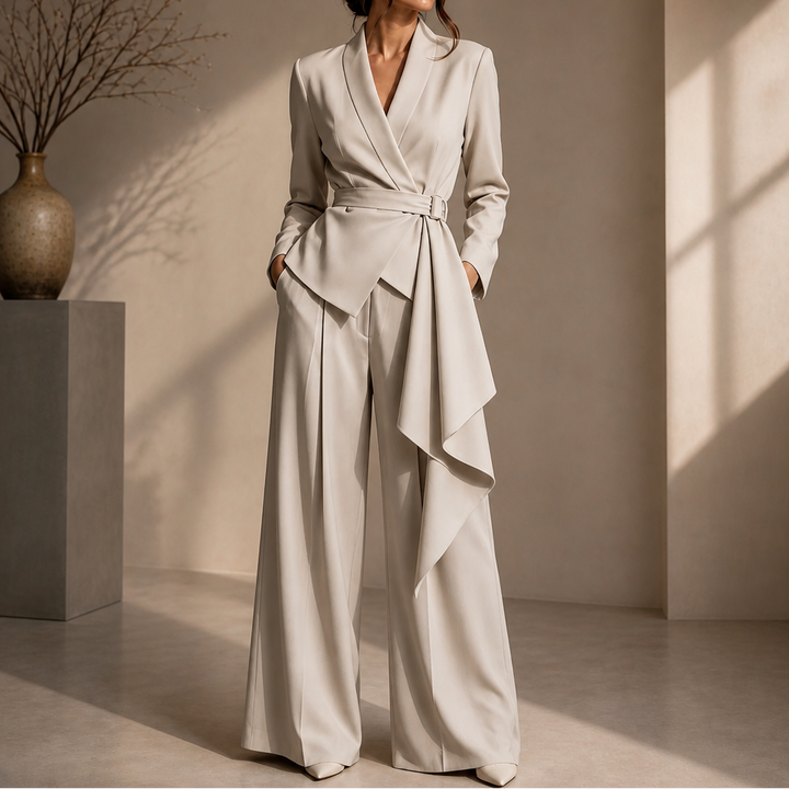 Drapevera – Buckle-Belted Wrap Blazer And Wide-Leg Trouser Set