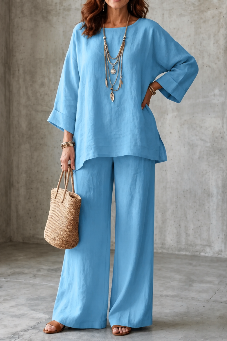 Wearlette – Linen-Look Wide-Leg Two-Piece Set