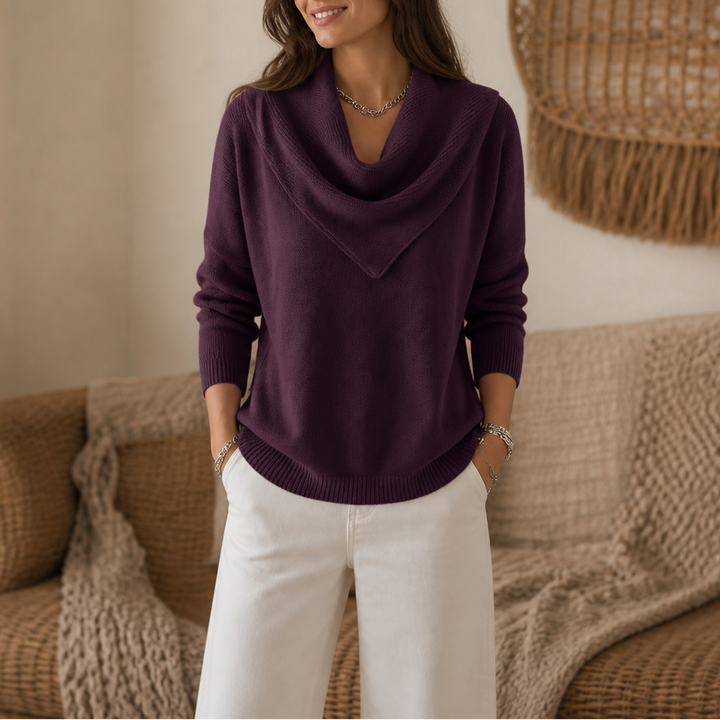 Collarvie – Draped Open-Collar Cowl Neck Sweater