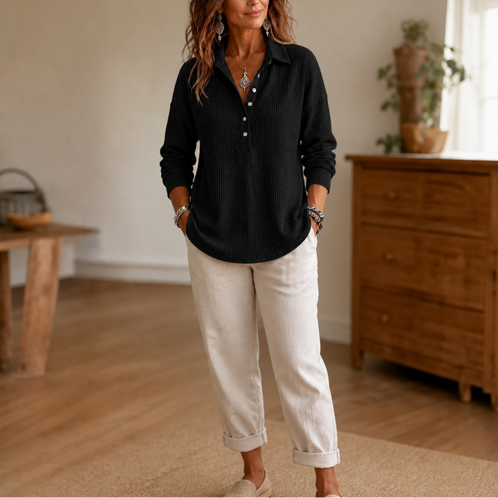 Wearbella – Waffle-Knit Collared Button-Neck Pullover