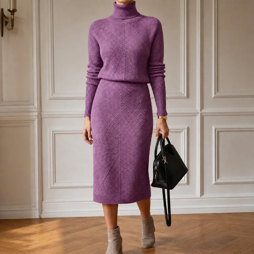 Veluna – Ribbed Turtleneck Sweater And Skirt Set