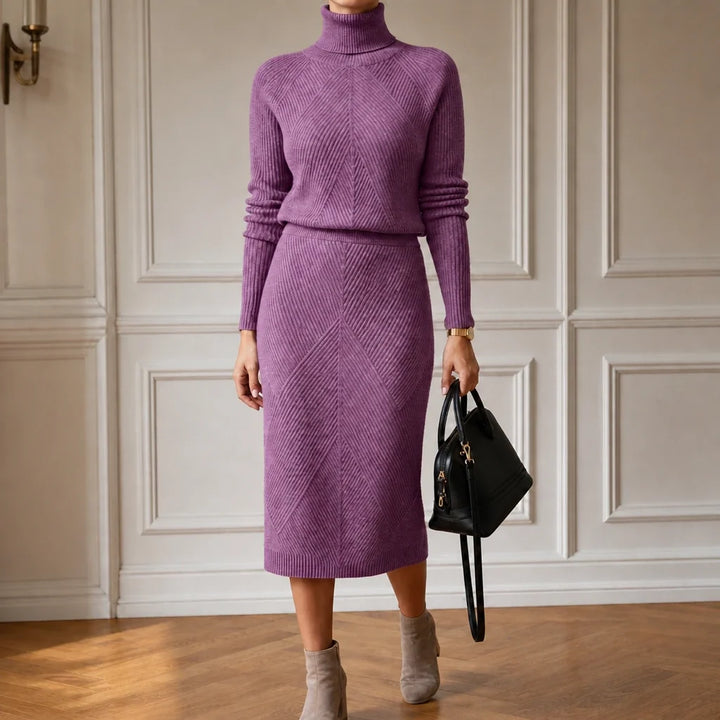 Veluna – Ribbed Turtleneck Sweater And Skirt Set