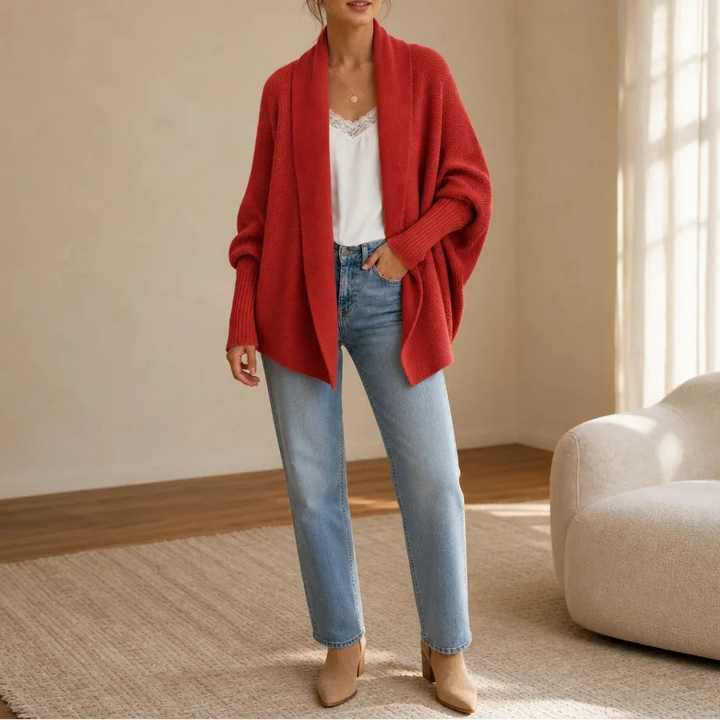 Drapeelle – Textured Batwing Open-Front Knit Cardigan