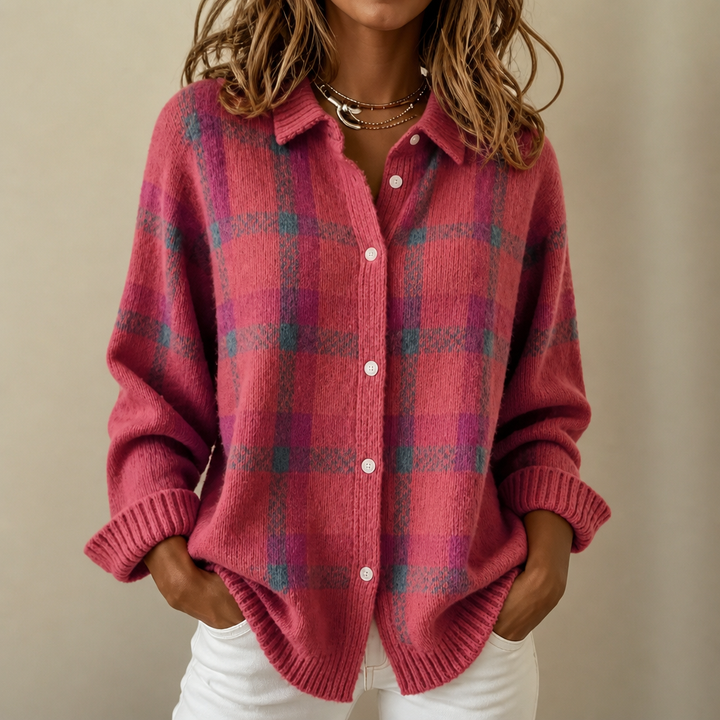 Verawool – Plaid Knit Shirt-Collar Cardigan