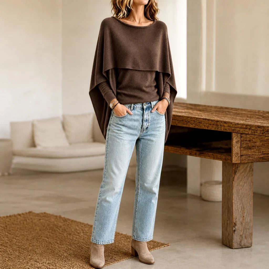 Druni Chic – Layered Cape-Shoulder Knit Top