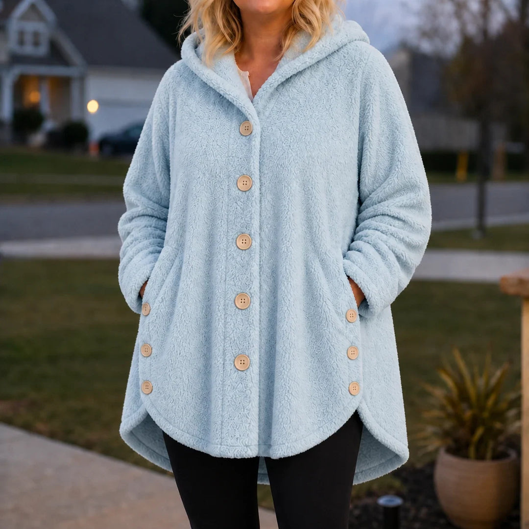 Cozy Button – Asymmetrical Hem Hooded Fleece Coat