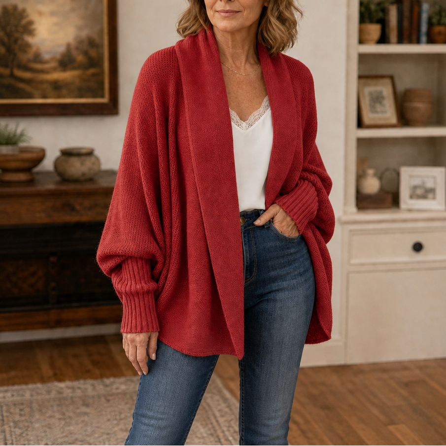 Drapeelle – Crochet-Look Open-Front Batwing Cardigan