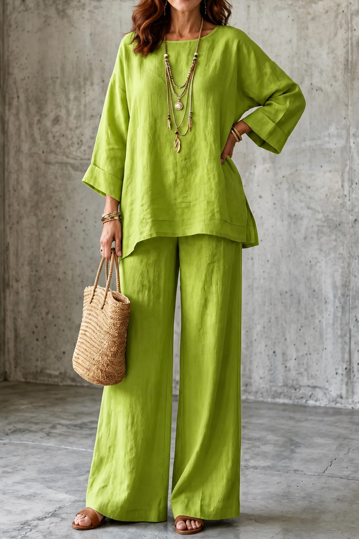 Wearlette – Linen-Look Wide-Leg Two-Piece Set