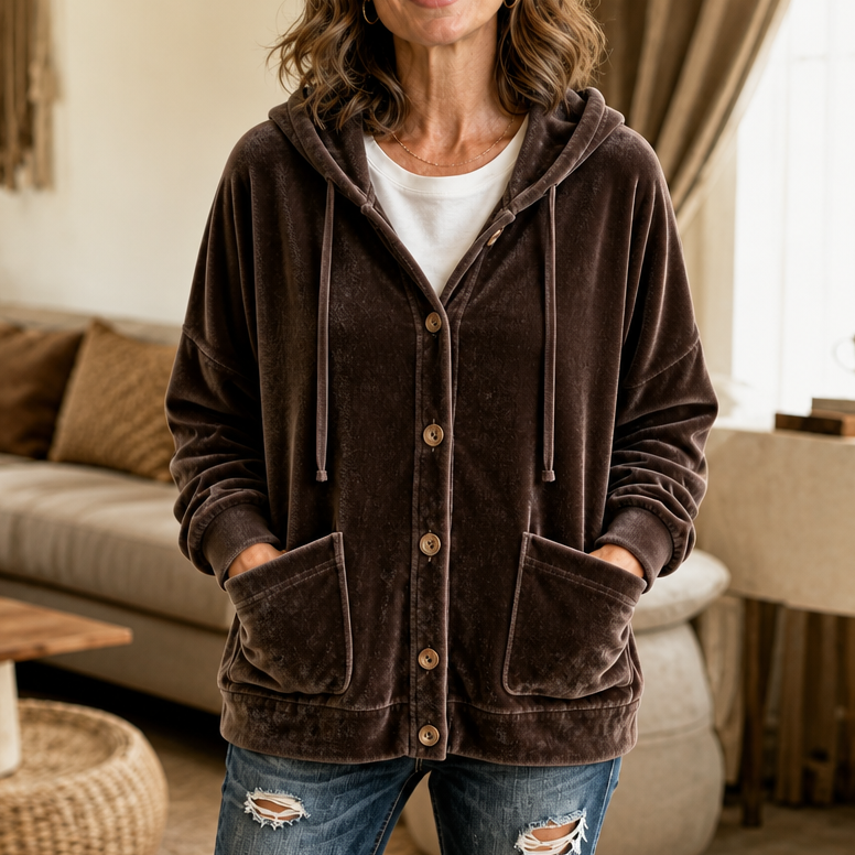 Coziva – Hooded Button-Front Velour Cardigan