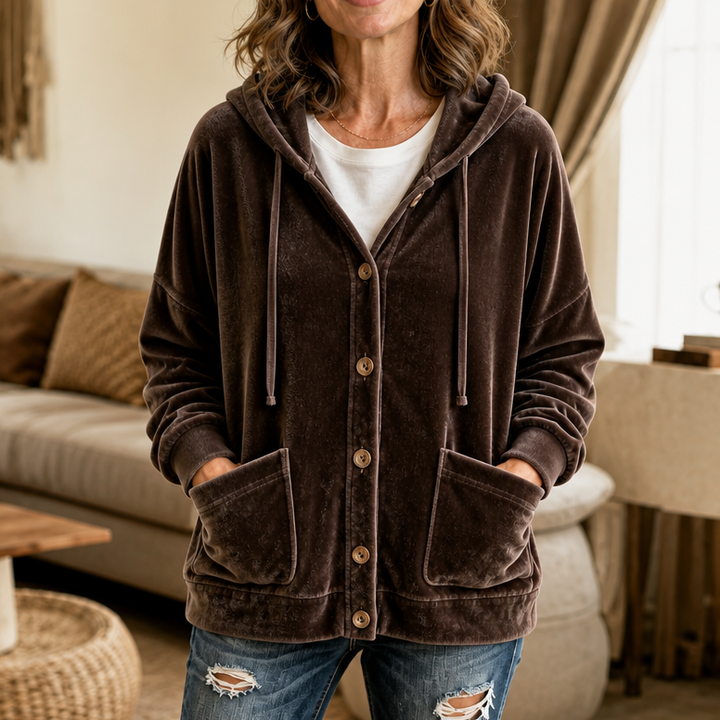 Coziva – Hooded Button-Front Velour Cardigan