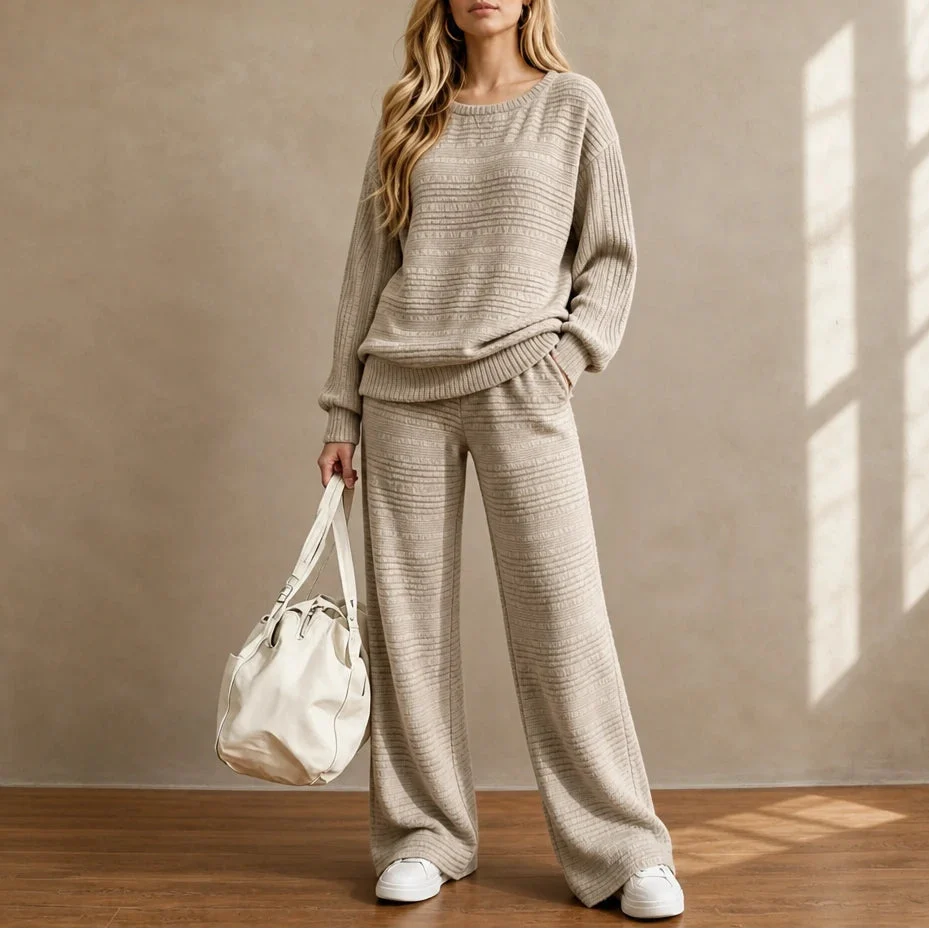 Wearbella – Ribbed Knit Top And Wide-Leg Pants Set