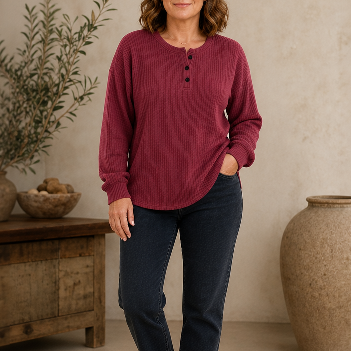 Wearla – Ribbed Waffle Knit Henley Top
