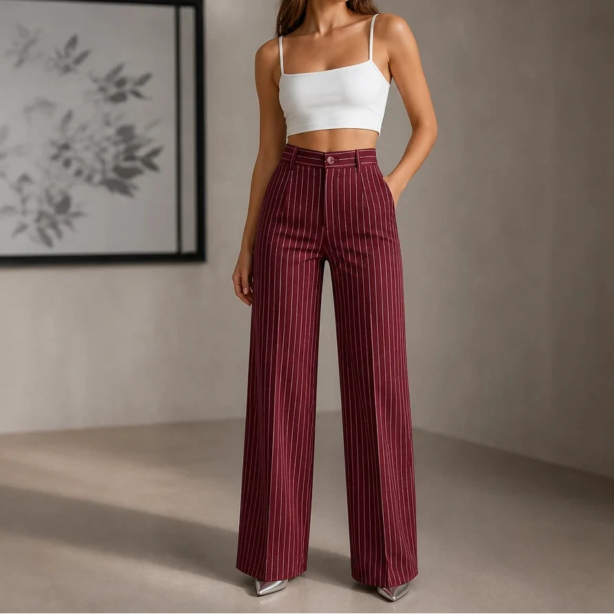 Wearbella – High-Waisted Pinstripe Wide-Leg Trousers