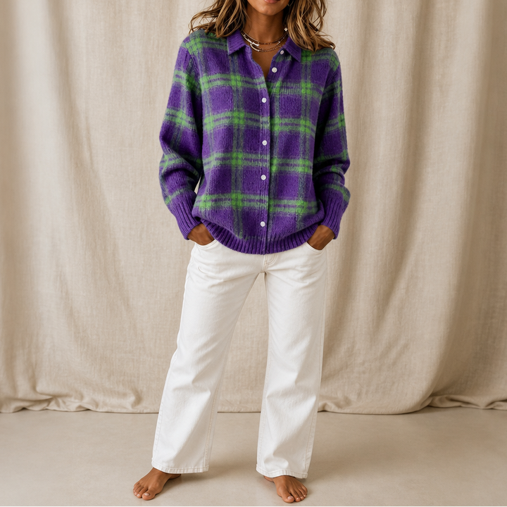 Verawool – Plaid Knit Shirt-Collar Cardigan