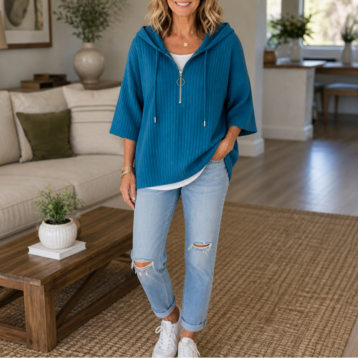 Ribella – Ribbed Half-Zip Hooded Knit Top