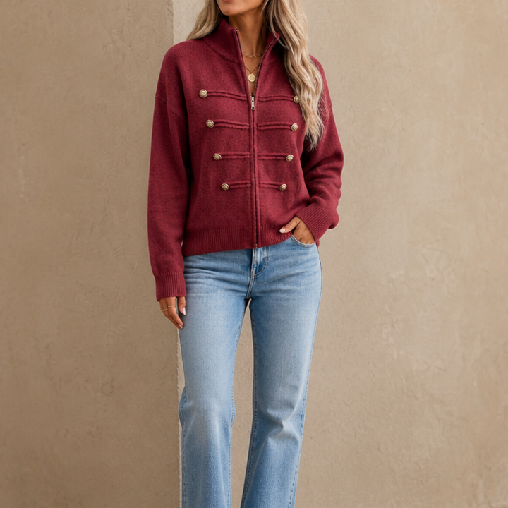 Mayfield – Gold Button Military-Style Knit Cardigan