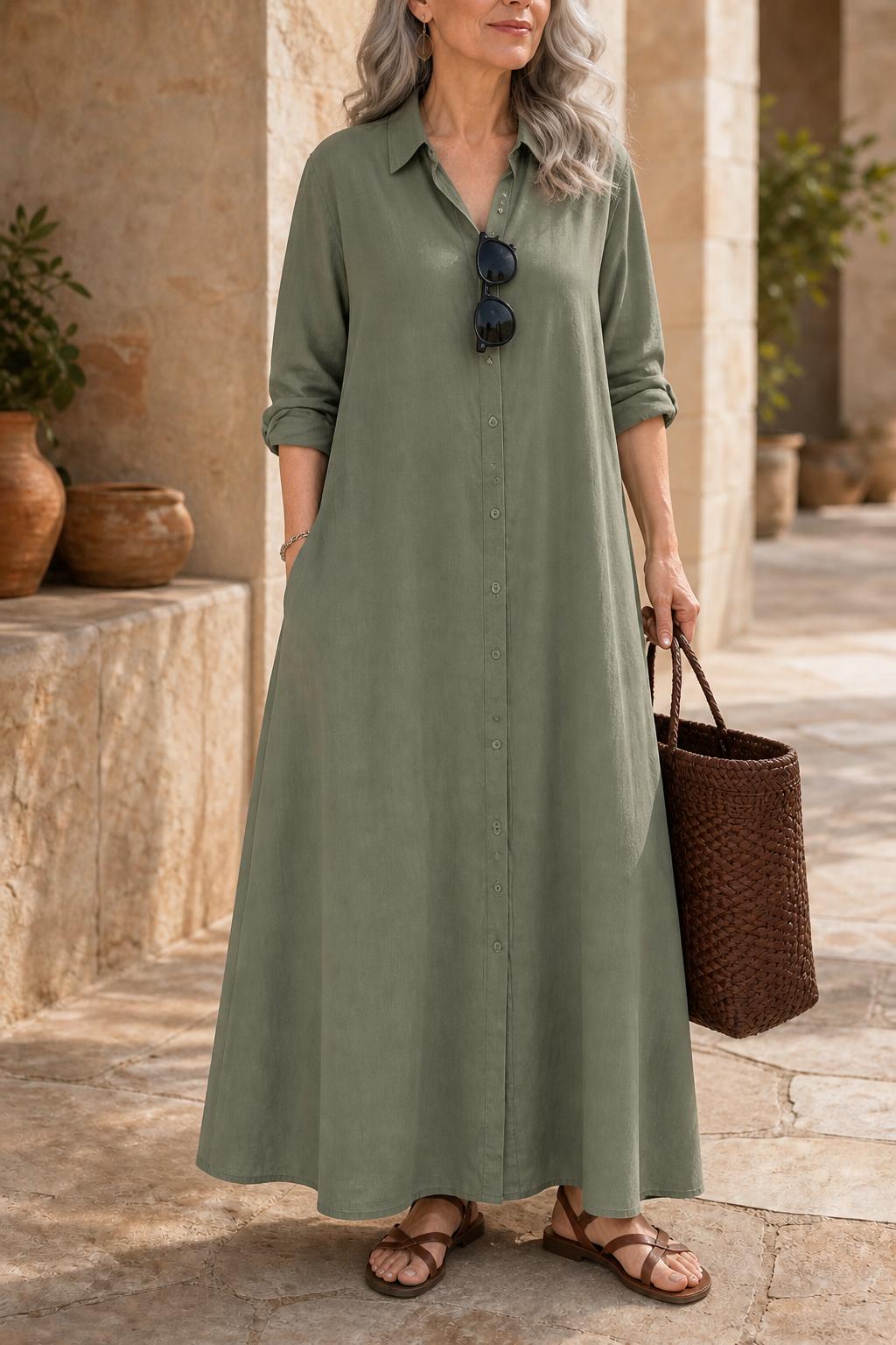Wearbella – Oversized Cotton-Linen Maxi Shirt Dress