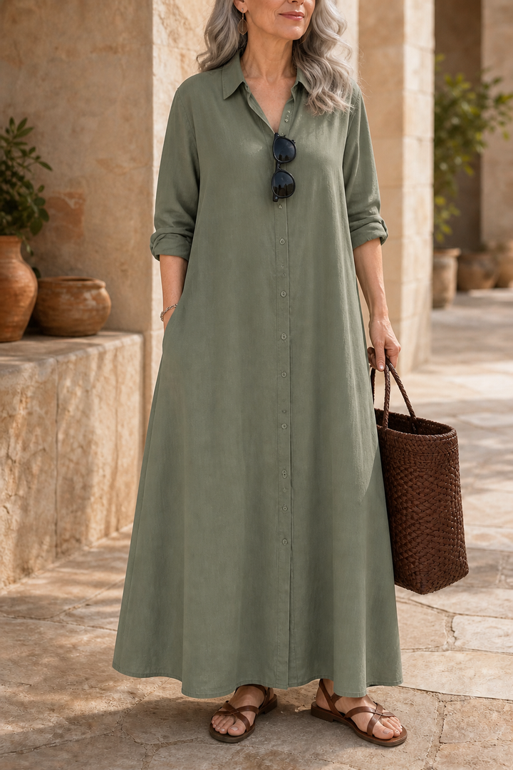 Wearbella – Oversized Cotton-Linen Maxi Shirt Dress