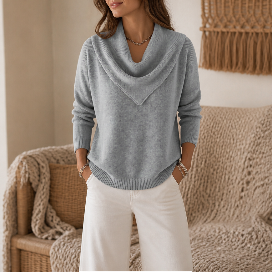 Collarvie – Draped Open-Collar Cowl Neck Sweater