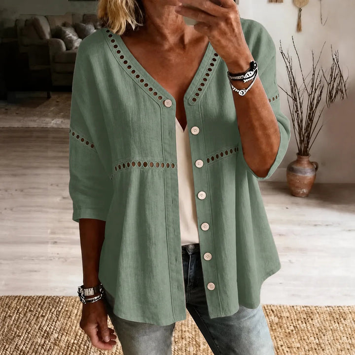 Loralee – Women's Lace Look-Trim Button-Up Blouse with Soft V-Neck Drape