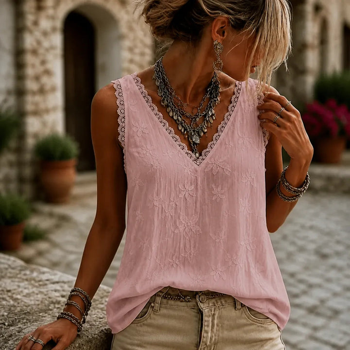 Solayne – White Lace V Neck Embroidered Look Tank Top for Women