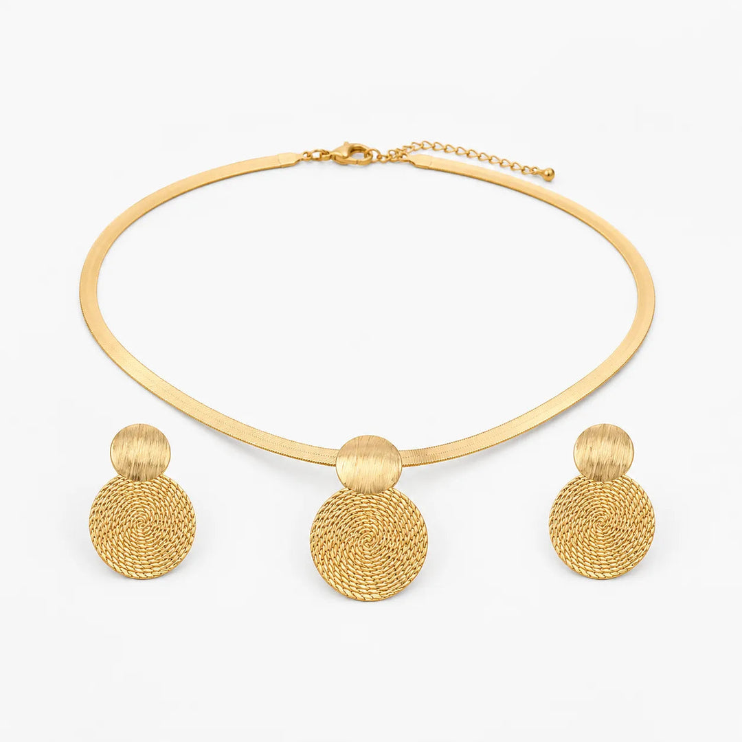 Aurenza – Gold necklace and earring set, textured medallion, flat snake chain
