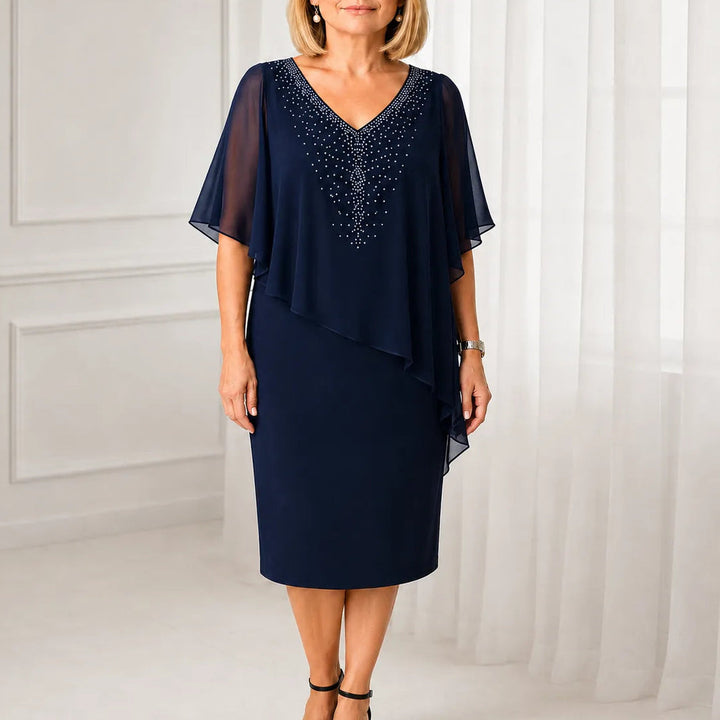 Velora – Rhinestone Look V-Neck Chiffon Like Cape Midi Dress