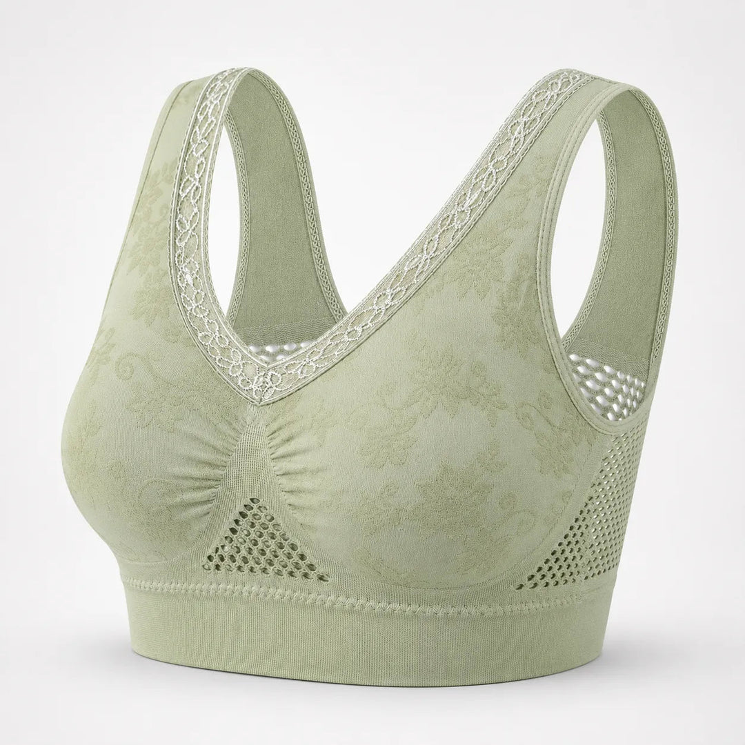 Aluvelle – Wireless Lift Bra with Breathable Mesh & Lace V-Neck