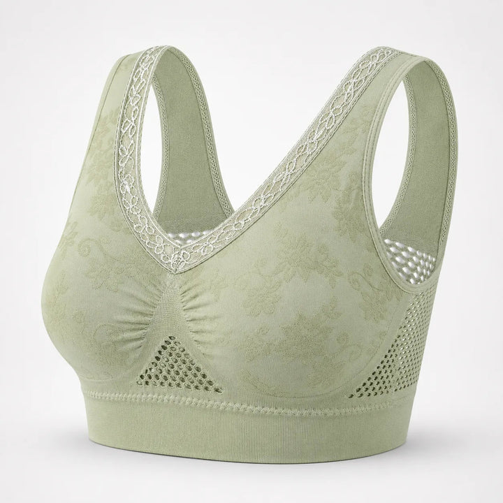 Aluvelle – Wireless Lift Bra with Breathable Mesh & Lace V-Neck