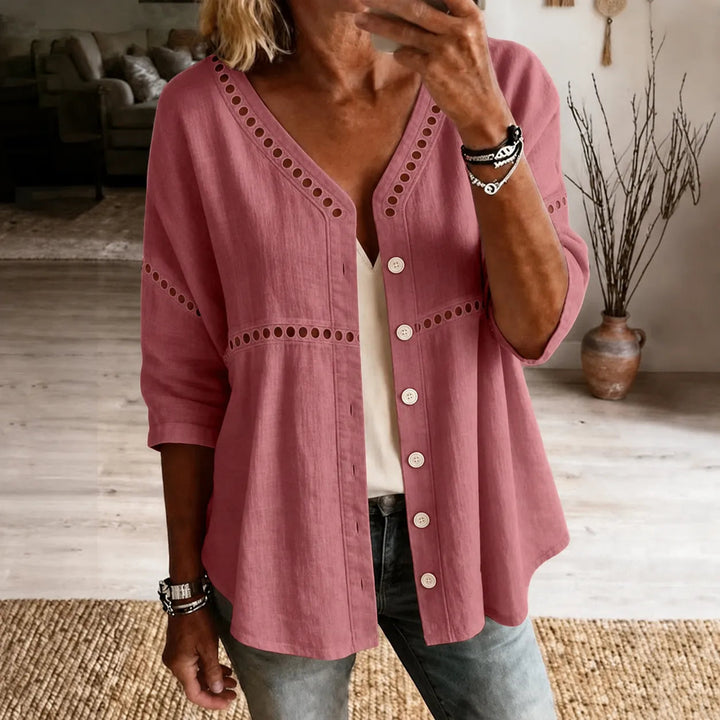 Loralee – Women's Lace Look-Trim Button-Up Blouse with Soft V-Neck Drape