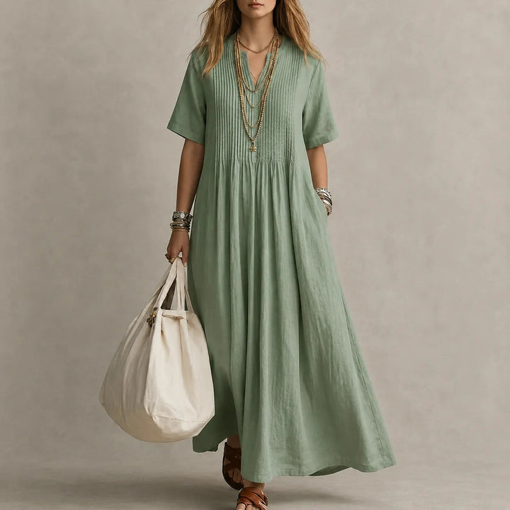 Lunavia – Pleated V-Neck Maxi Dress with Pockets