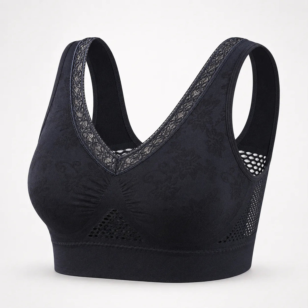 Aluvelle – Wireless Lift Bra with Breathable Mesh & Lace V-Neck