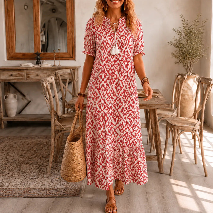 Solara – Ikat Print Boho Maxi Dress with Tassel V-Neck