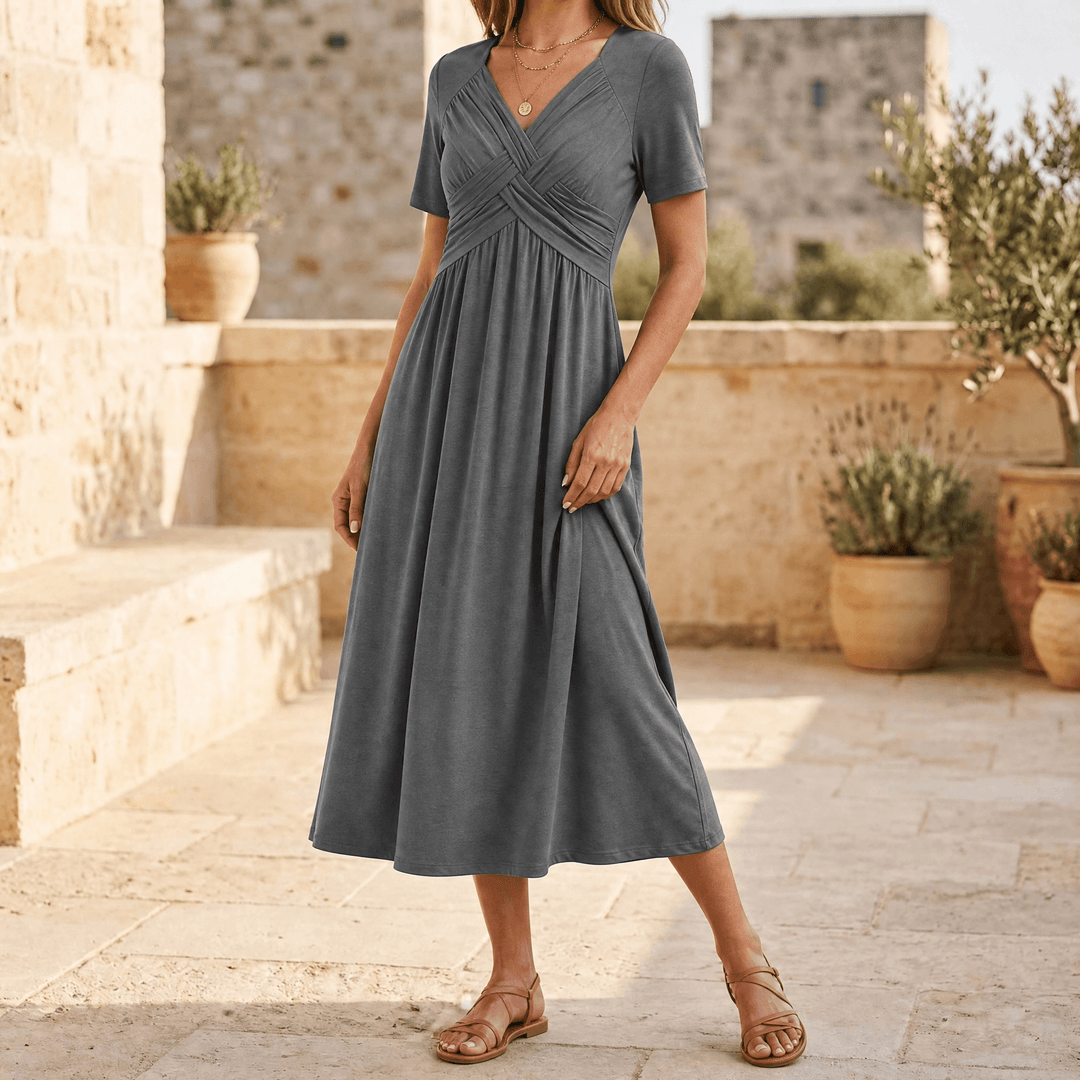 Veluna – Crossover V-Neck Midi Dress with Pockets – Lark & Clover
