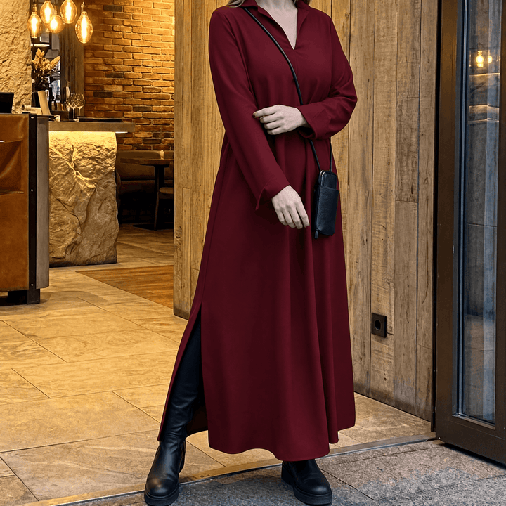 Veluna™ – Effortless Side Slit Maxi Dress Burgundy / S