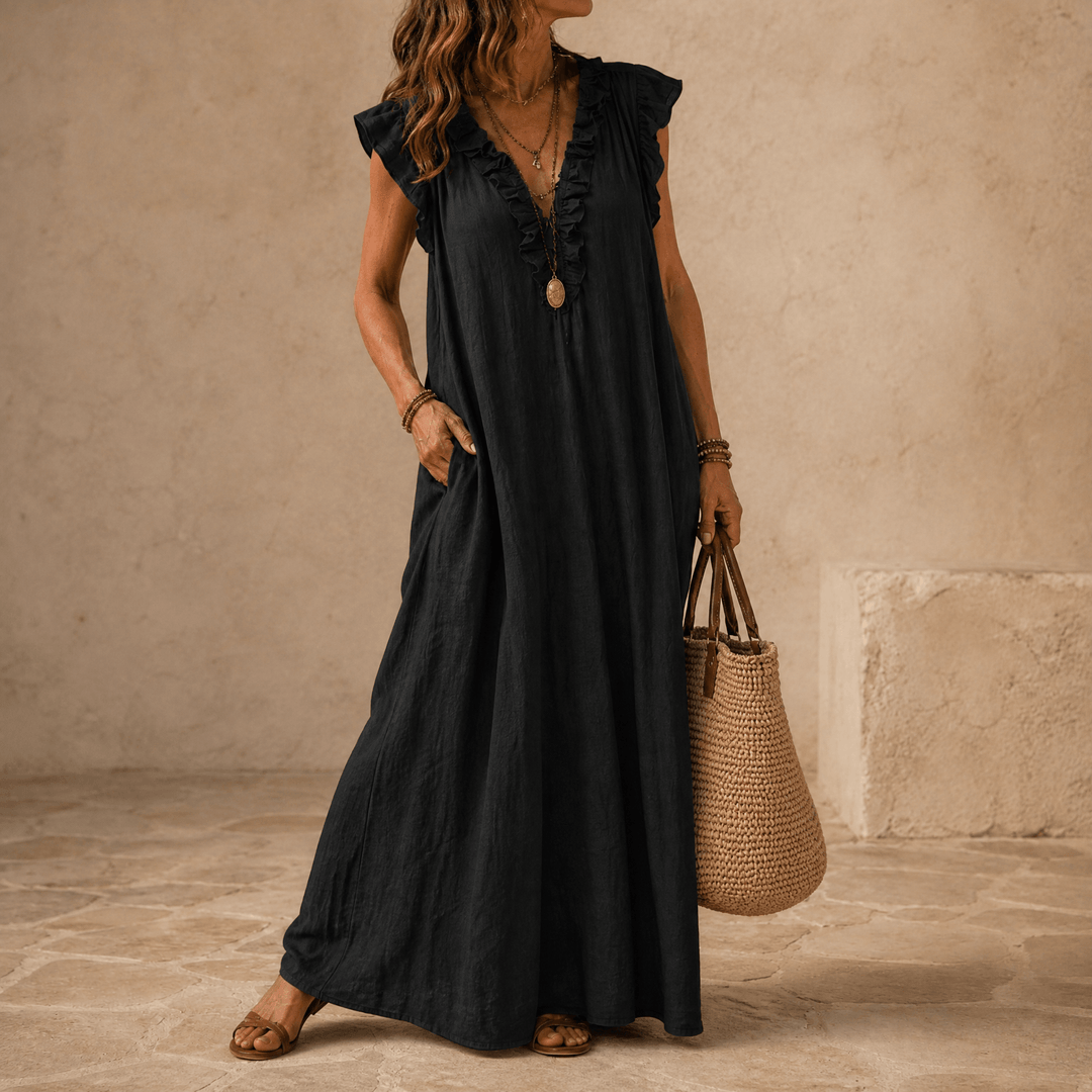Veluna – Women's Ruffle-V Midi Dress with Pockets
