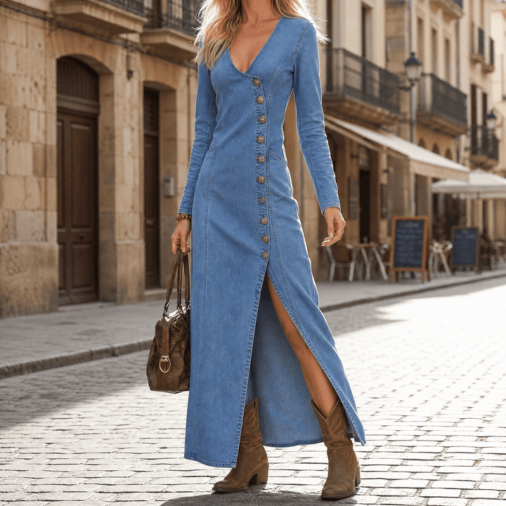 Vivara™ – Asymmetric Button Slit Maxi Dress Blue / S