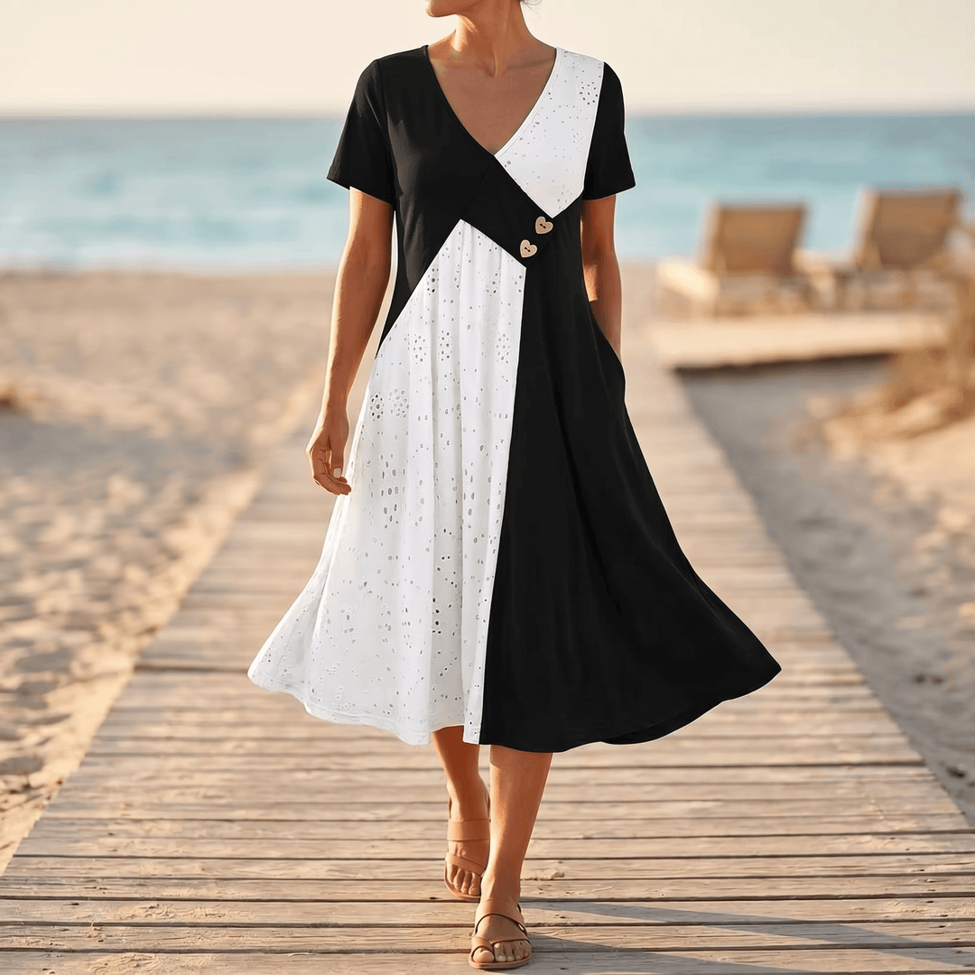 Vivara™ – Diagonal Patchwork V Neck Midi Dress