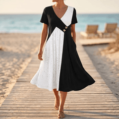 Vivara™ – Diagonal Patchwork V Neck Midi Dress