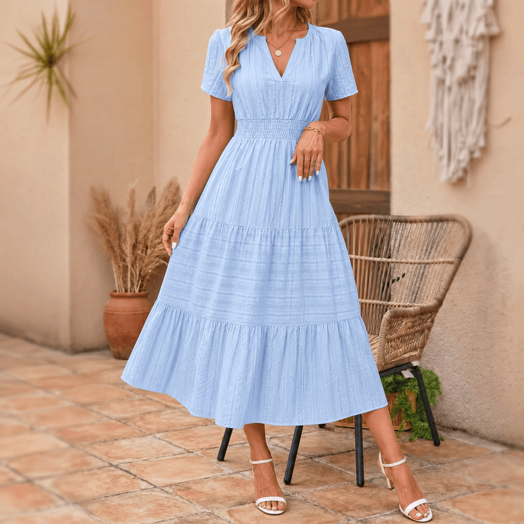 Vivara™ – Flowing V Neck Summer Maxi Dress Light Blue / S