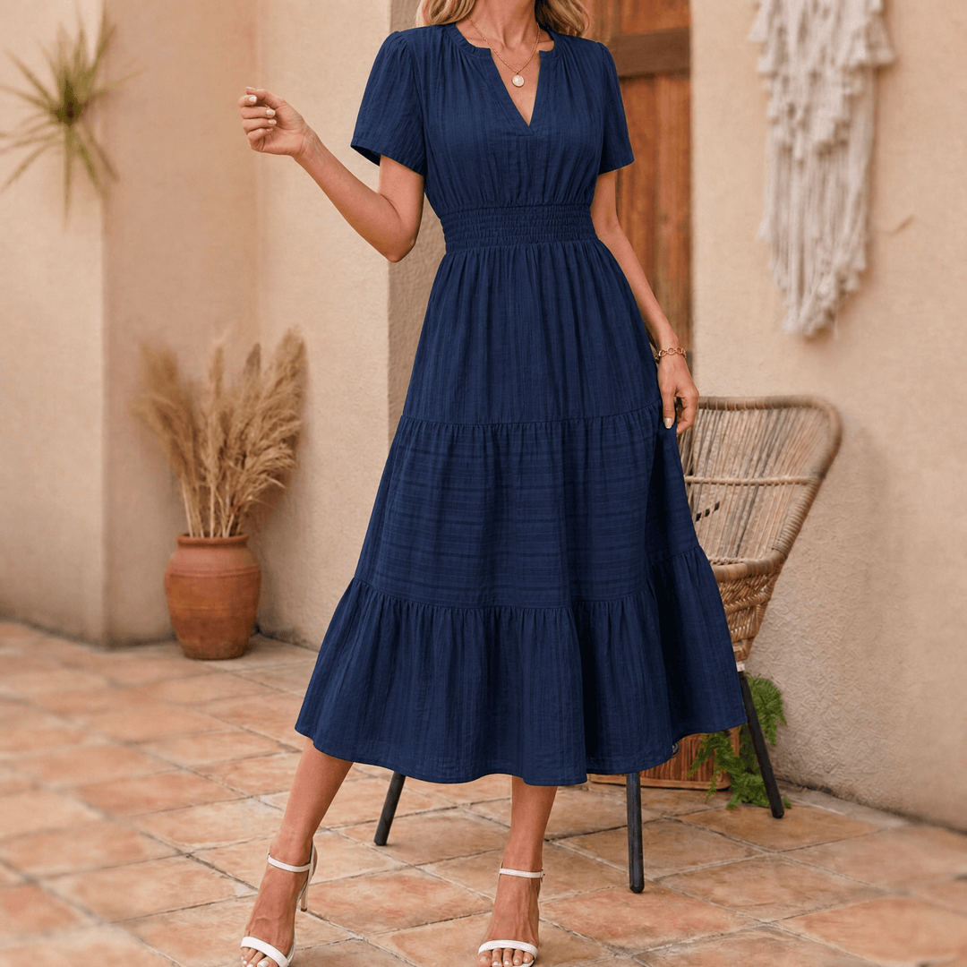 Vivara™ – Flowing V Neck Summer Maxi Dress Navy / S